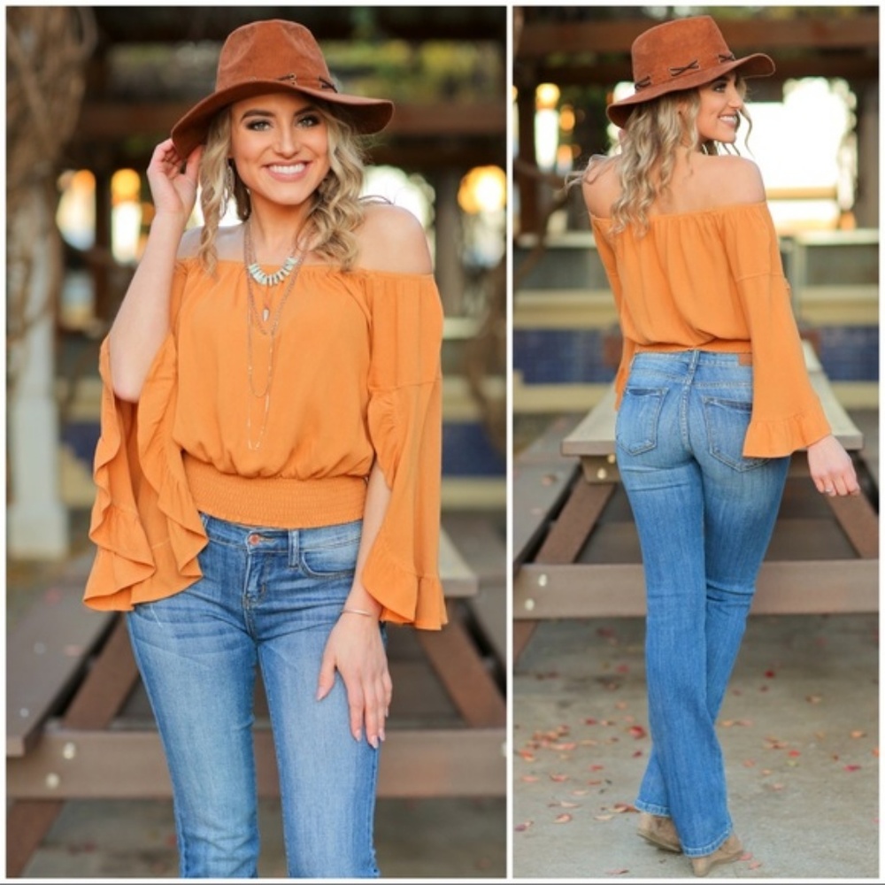 ⭐️ Camel Off Shoulder Ruffle Sleeve Top - Picture 3 of 3